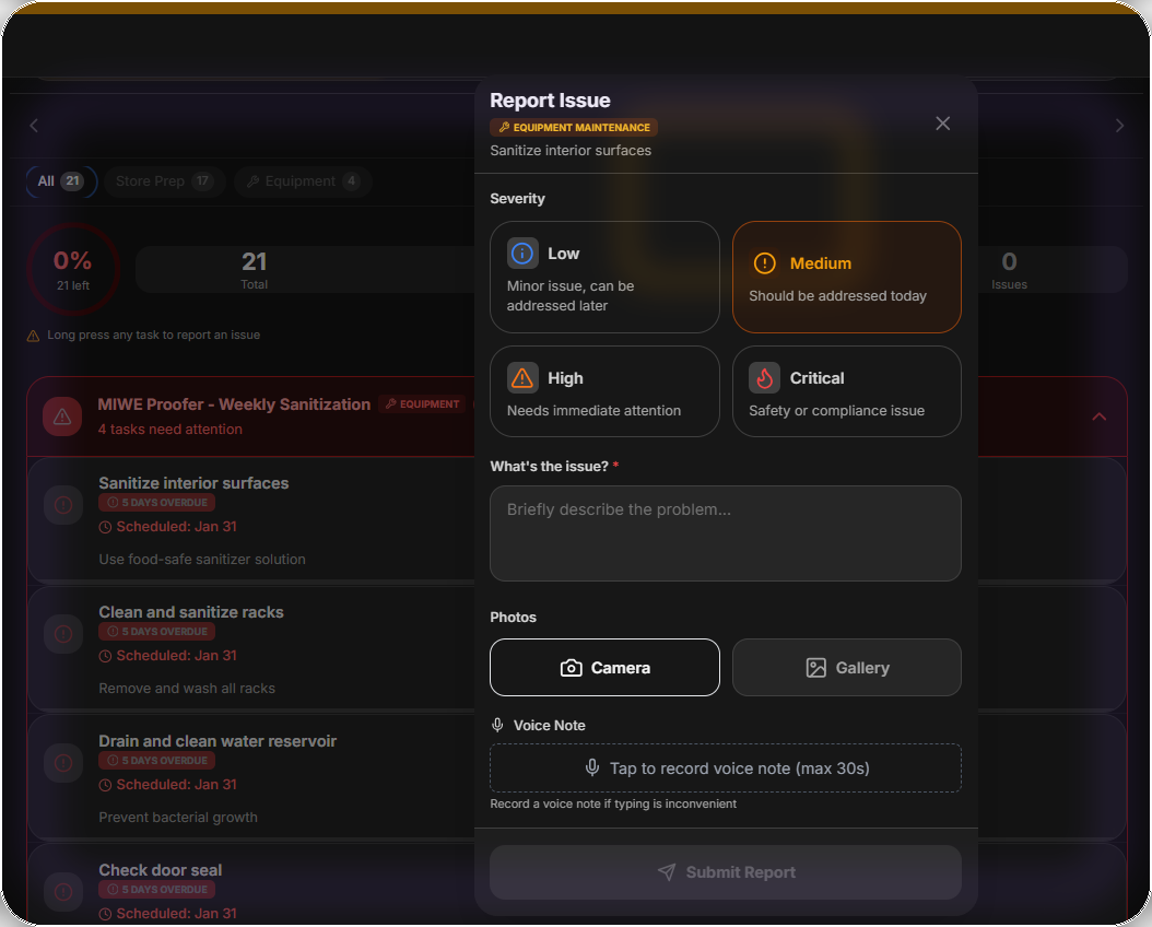 DoughOps issue reporting modal with severity levels, photo attachment, and voice note recording for equipment problems