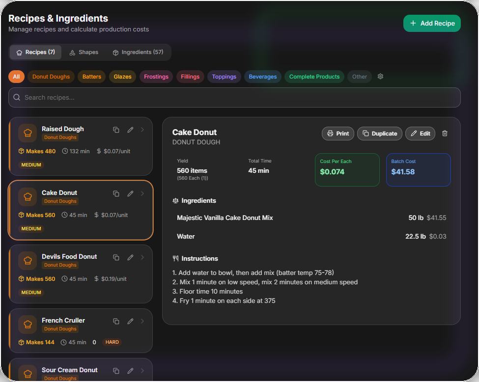 DoughOps recipe management showing Cake Donut recipe with yield, cost per unit, batch cost, ingredients, and step-by-step instructions