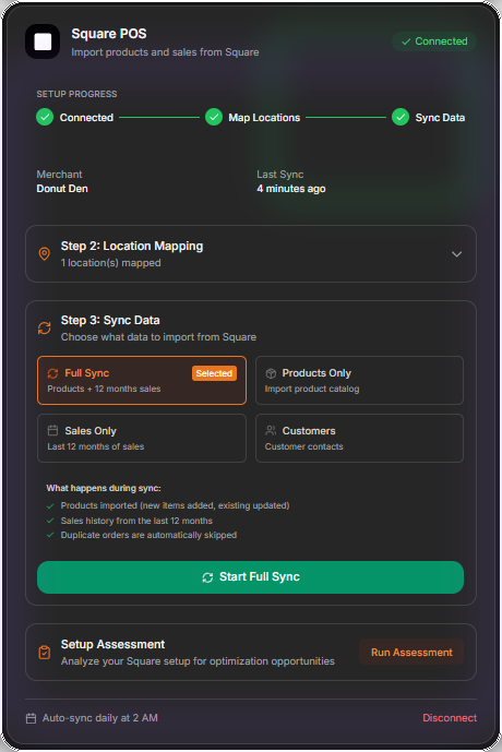 DoughOps Square POS integration setup showing full sync, location mapping, and automatic daily sync at 2 AM