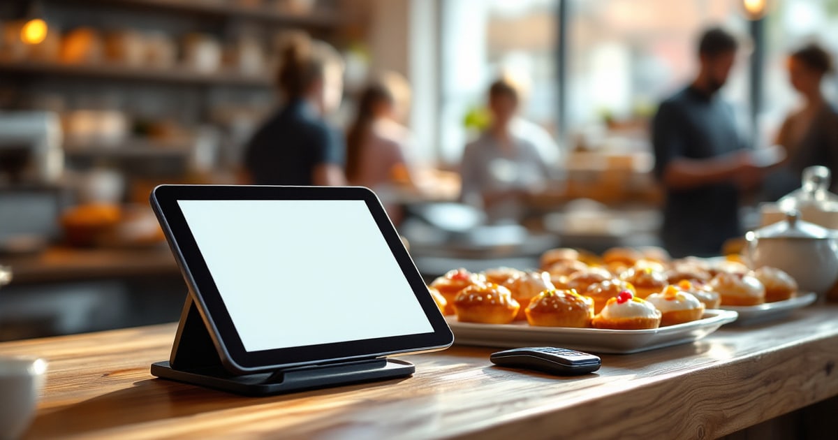 A bakery counter with a tablet point of sale beside trays of pastries