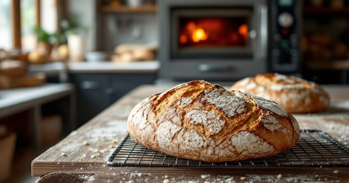 Loaves of sourdough cooling on a rack in a bread bakery