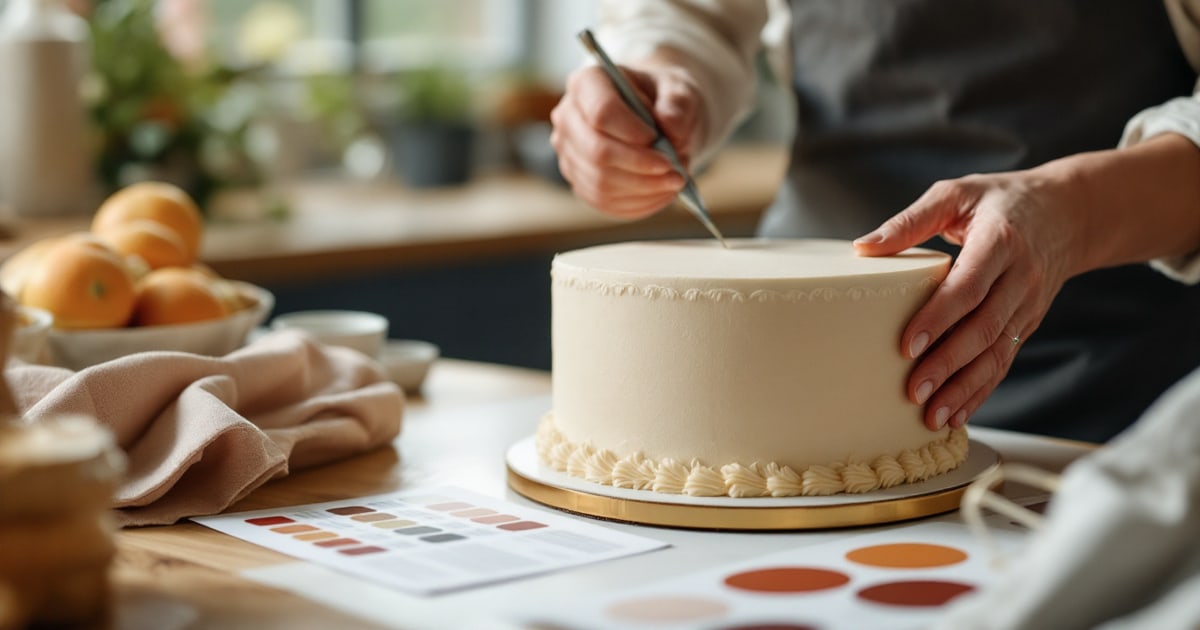 A decorator finishing a custom celebration cake at a bakery bench