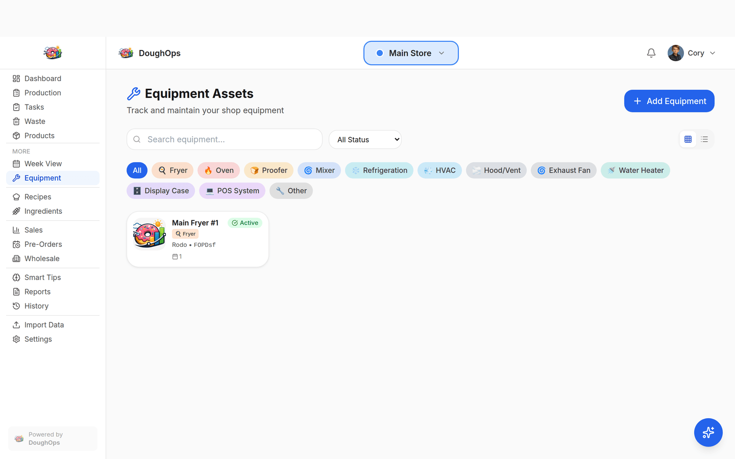 DoughOps equipment asset management showing fryers, ovens, proofers, and maintenance status tracking