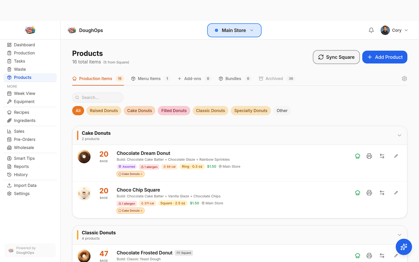 DoughOps product catalog with Square POS integration