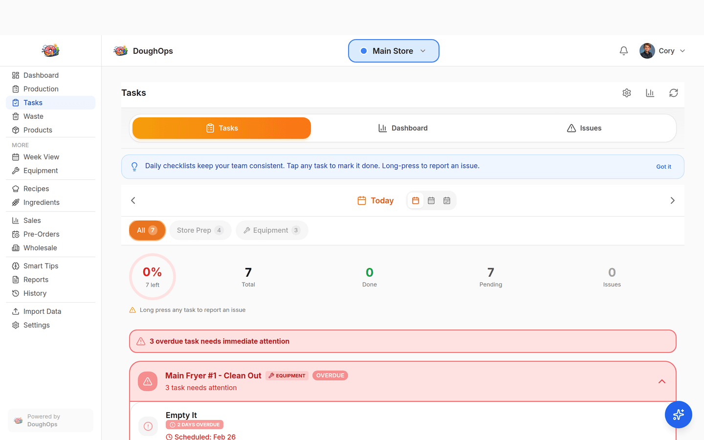 DoughOps task checklists with overdue alerts, completion tracking, and team accountability